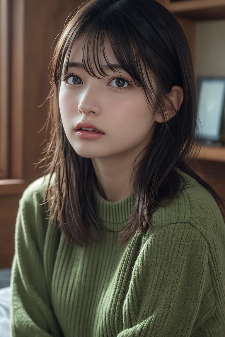 ((Upper Body))、(masterpiece:1.3), High resolution, Very detailed, Very detailed CG Unity 8k 壁紙, Realistic, photo-Realistic, RAW Photos, Beautifully detailed face, Pale skin, Realistic glistening skin, Detailed cloth texture, Detailed hair texture, Perfect Style, Beautiful Face, Accurate, Anatomically correct, Very detailed顔と肌の質感, fine grain, Brown eyes, double eyelid, 1girl, short hair, black hair, bangs, indoors, sitting, green sweater, looking away, blush

