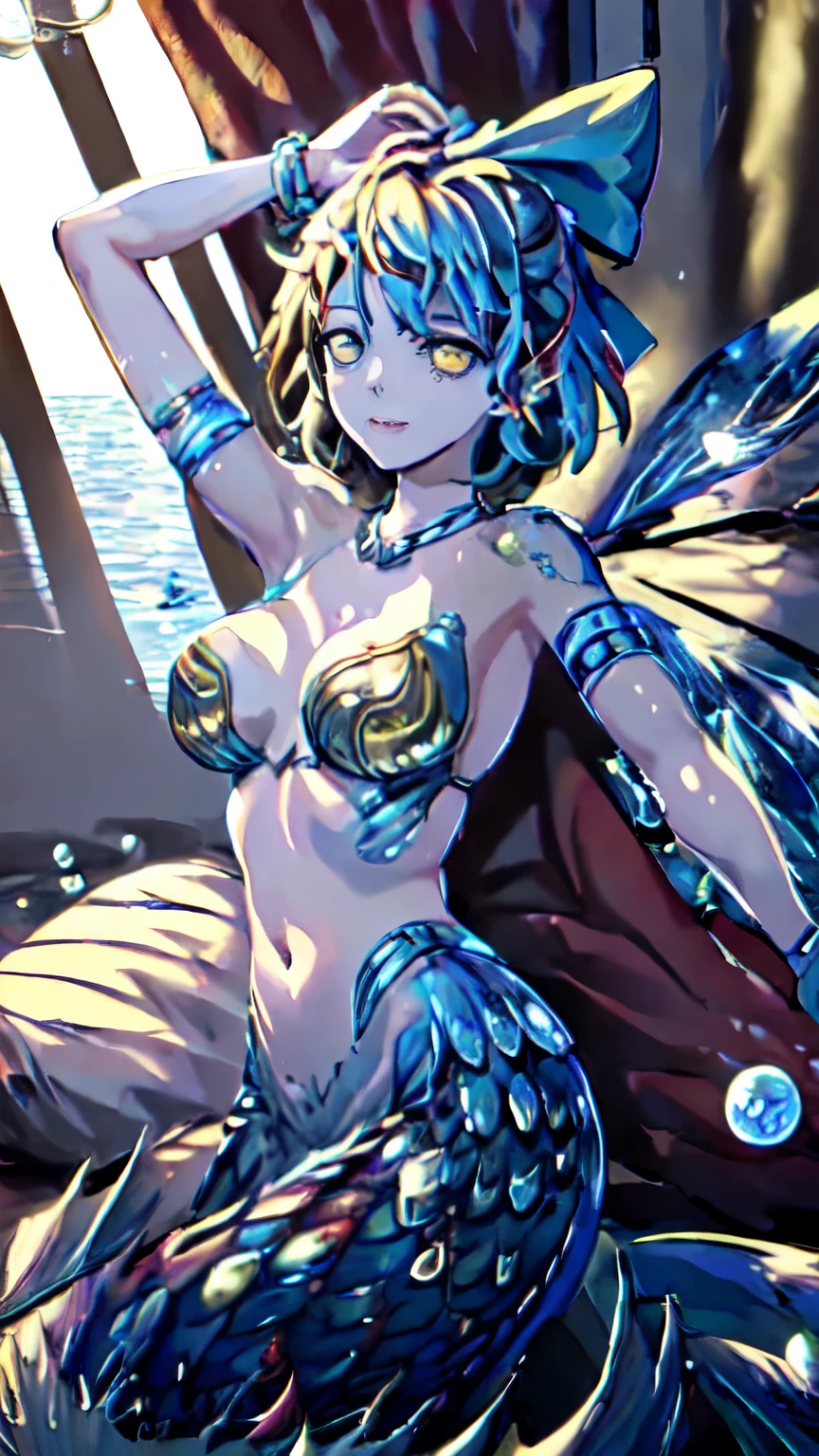 (illustration:1.8),(best quality),(masterpiece:1.5),masterpiece,extremely detailed CG unity 8k wallpaper),depth of field, mermaid, 1girl, solo, midriff, navel, armpits, bra, fins, gills, bracelet, armlet, necklace, pearls, choker, gold, jewelry, full body, cirno_touhou