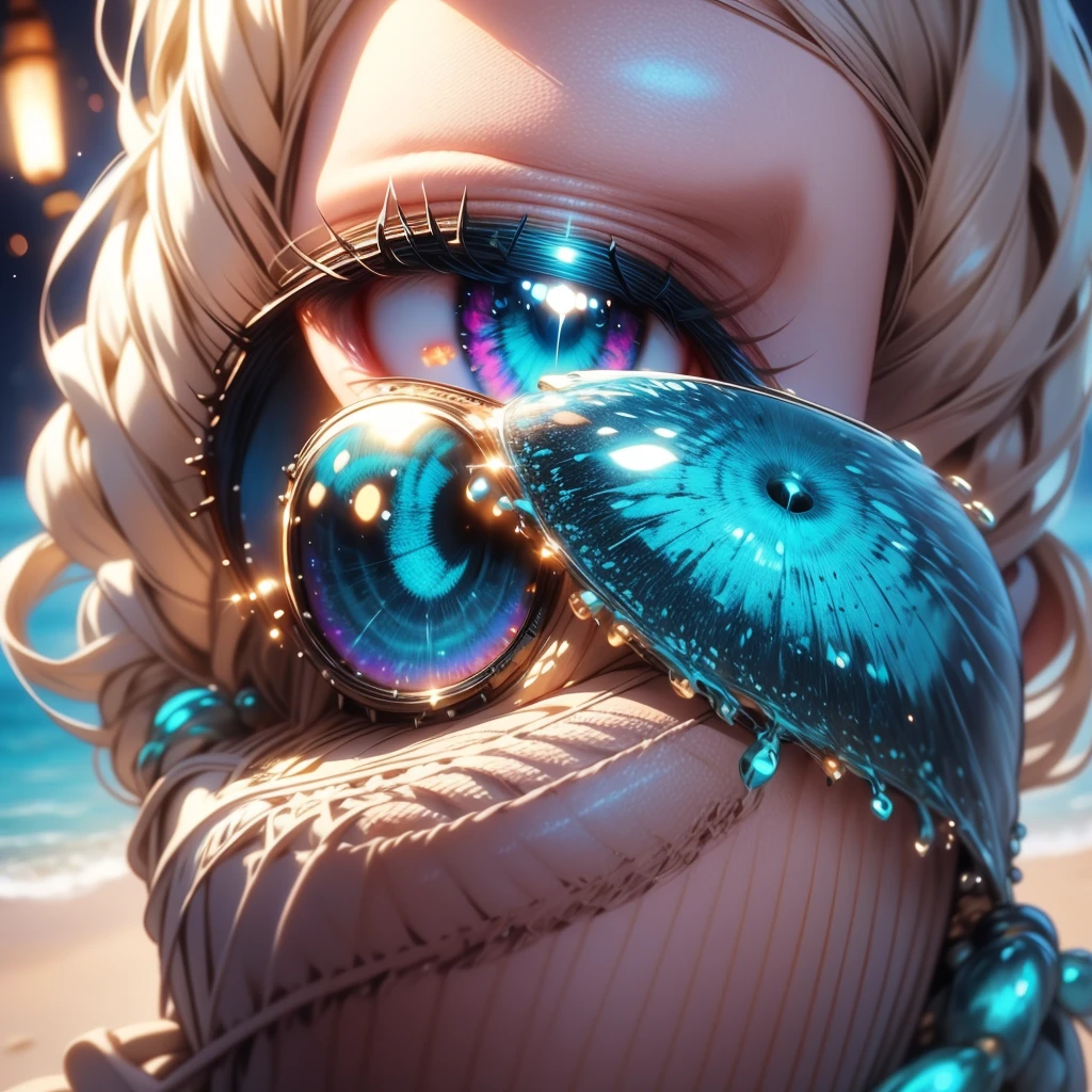 , beautiful detailed eyes, beautiful detailed lips, extremely detailed face and features, pale skin, freckles, gorgeous turquoise eyes, medium breasts, slim waist, medium hips, , blue  bikini, beach background, nighttime, fireworks, best quality, 4k, 8k, highres, masterpiece:1.2, ultra-detailed, realistic, photorealistic, photo-realistic:1.37, HDR, UHD, studio lighting, ultra-fine painting, sharp focus, physically-based rendering, extreme detail description, professional, vivid colors, bokeh