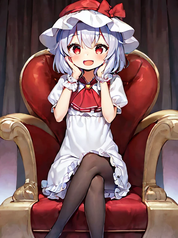 1girl, solo, remilia scarlet, hat, ascot, wings, red eyes, smile, sitting, puffy sleeves, short sleeves, mob cap, open mouth, wrist cuffs, looking at viewer, bat wings, crossed legs, puffy short sleeves, short hair, white headwear, hair between eyes, bangs, fang, red ascot, jewelry, dress, :d, red ribbon, pantyhose, ribbon, frills, blush, hat ribbon, chair, feet out of frame, white dress, brooch, white pantyhose, hand up, eyes visible through hair, hand on own face, white hair, armchair, collared dress, shirt, pink headwear