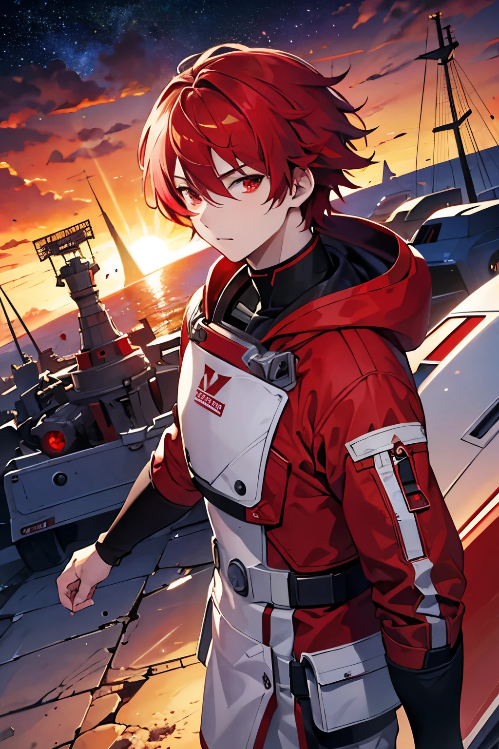 Prompt: (masterpiece), best quality, expressive eyes, perfect face,(((guy))), red hair, red eyes, fleet, flying ship, space suit, spaceship, look up, characters from the ground, sunset,