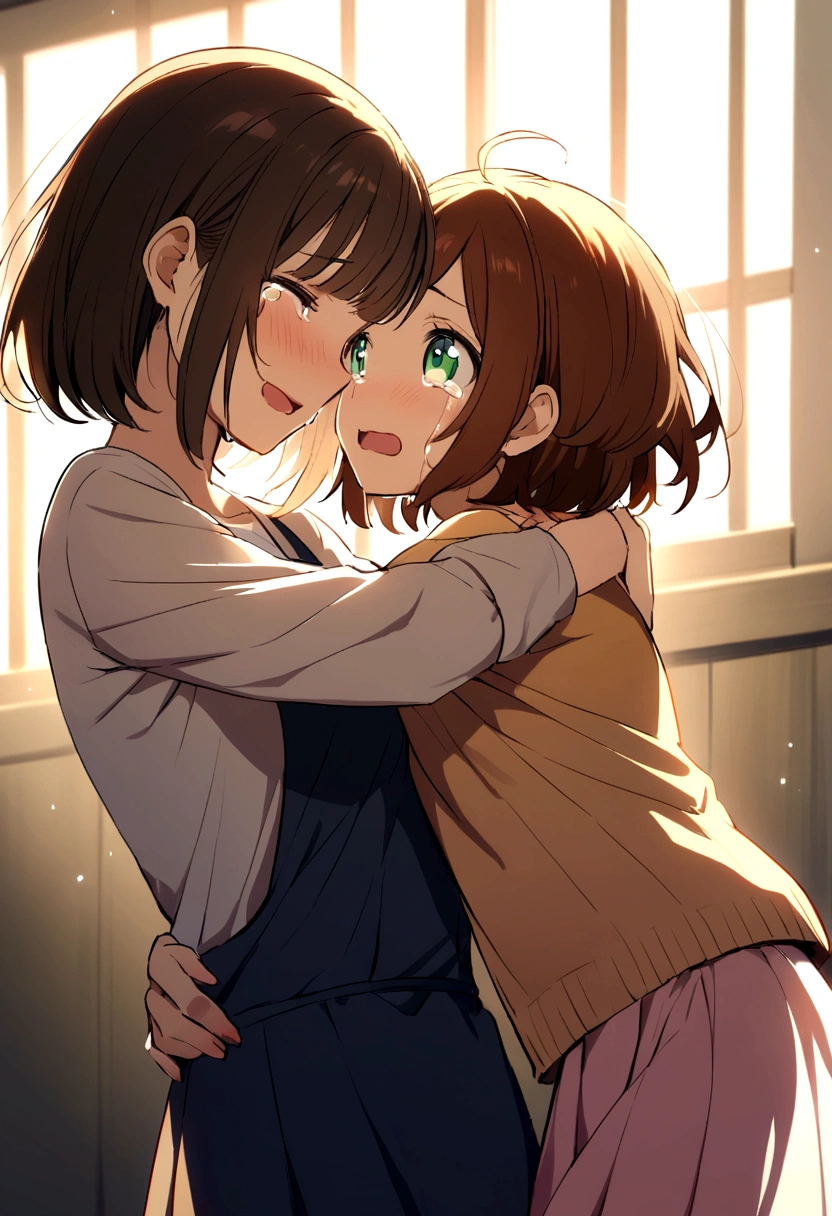 A  anime girl with brown hair and green eyes, crying while her short-haired mother hugged her.