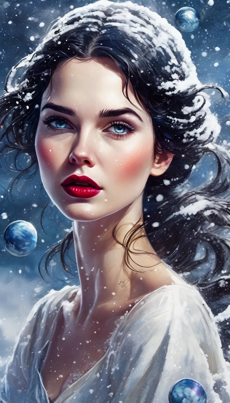 Eclipse of beautiful attractive snow white lady, flowing weather, lovely day, , perfect composition, breathtaking illustration, , , deep details, colorful knots,, reflections, colored cotton , shallow painting splashes, text "Fear"