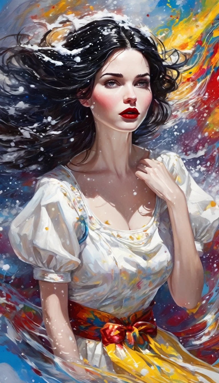 Eclipse of beautiful attractive snow white lady, flowing weather, lovely day, , perfect composition, breathtaking illustration, , , deep details, colorful knots,, reflections, colored cotton , shallow painting splashes, text "Fear"