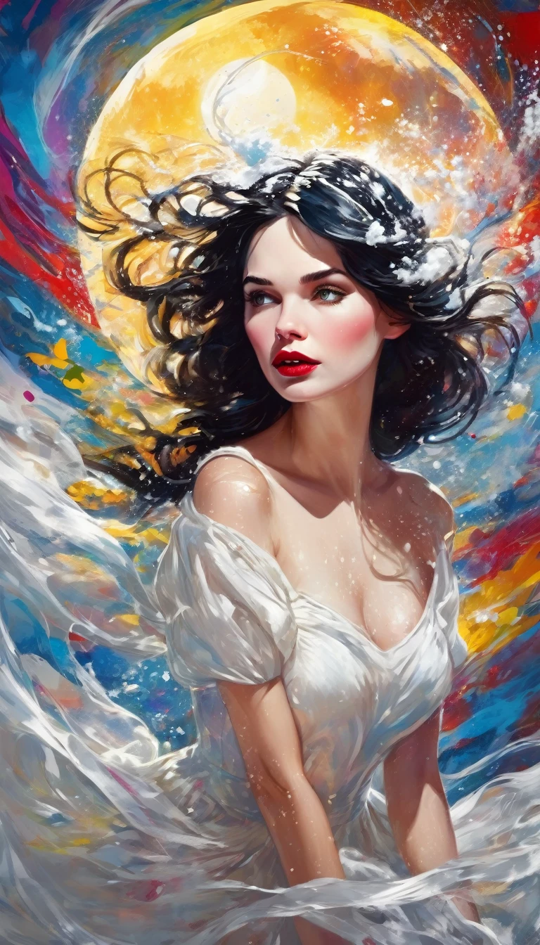 Eclipse of beautiful attractive snow white lady, flowing weather, lovely day, , perfect composition, breathtaking illustration, , , deep details, colorful knots,, reflections, colored cotton , shallow painting splashes, text "Fear"