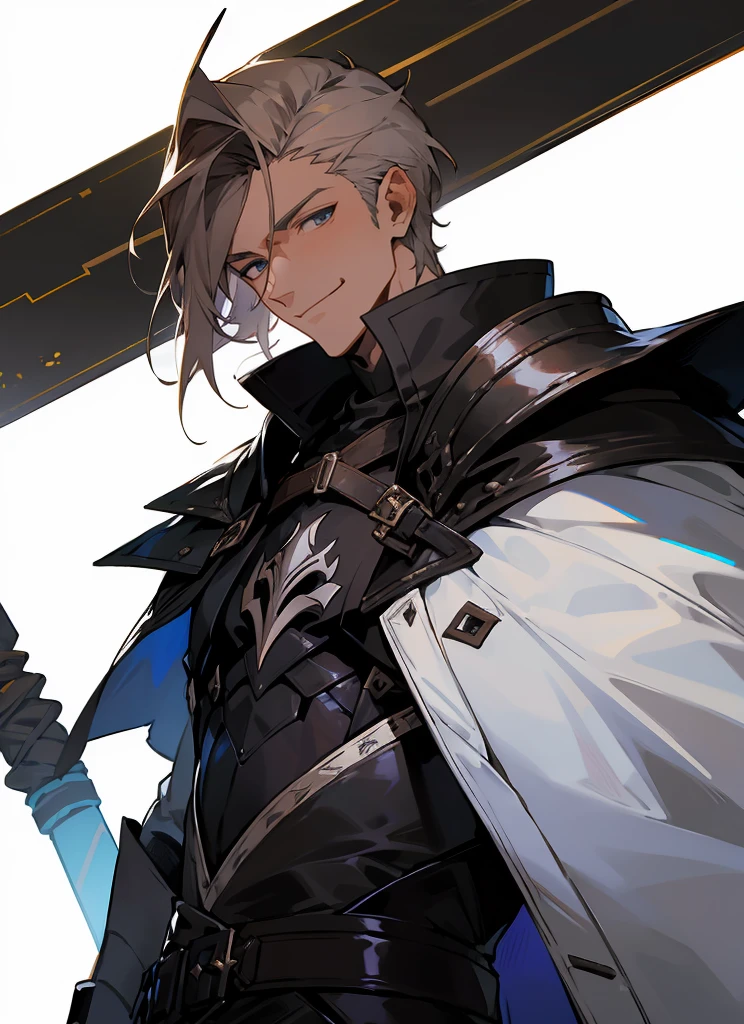 1 , handsome fashion hair,bronze hair highlightwhite, fanstasy, smile face, male ,fantasy, reaper, hunter with blackshortsword, villian face, black armor , darkness wolrd, bad