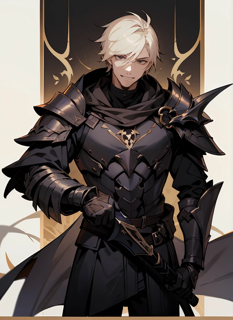 1 , handsome fashion hair,bronze hair highlightwhite, fanstasy, smile face, male ,fantasy, reaper, hunter with blackshortsword, villian face, black armor , darkness wolrd, bad