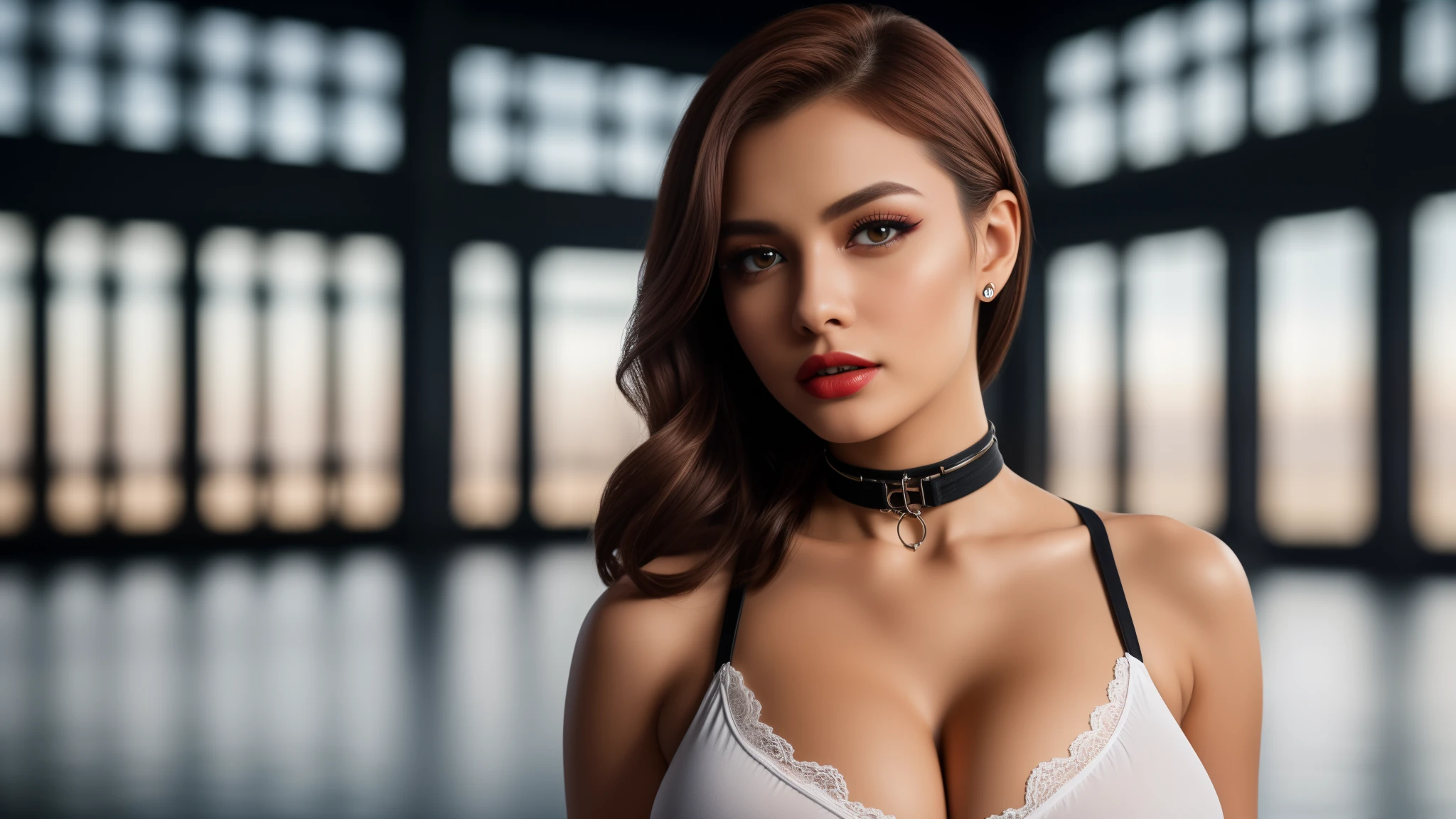 tmasterpiece,best qualtiy,hdr, hyper HD, 8K,Bokeh,Ultra-fine painting,Sharp focus,Physically-based rendering,Extreme detail description, half-body photo，looking at viewer, choker, dark eyeshadow:1.5, (red lipstick:0.9), (big breasts:1.3), (EOS R8, 50 millimeters, F1.2, 8K, RAW photo:1.2)