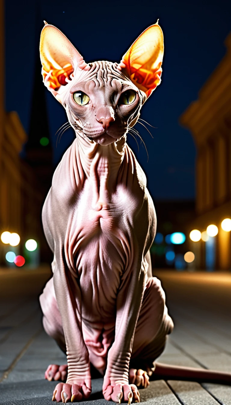 There is no one, realistic photo, photo realism, realism, sphinx (Sphynx) cat, perfect composition, intricate details, Very sharp, masterpiece, profile, high resolution, full body photo in city night view