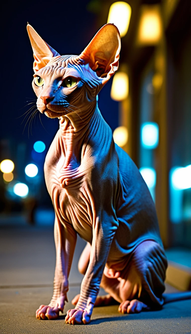 There is no one, realistic photo, photo realism, realism, sphinx (Sphynx) cat, perfect composition, intricate details, Very sharp, masterpiece, profile, high resolution, full body photo in city night view
