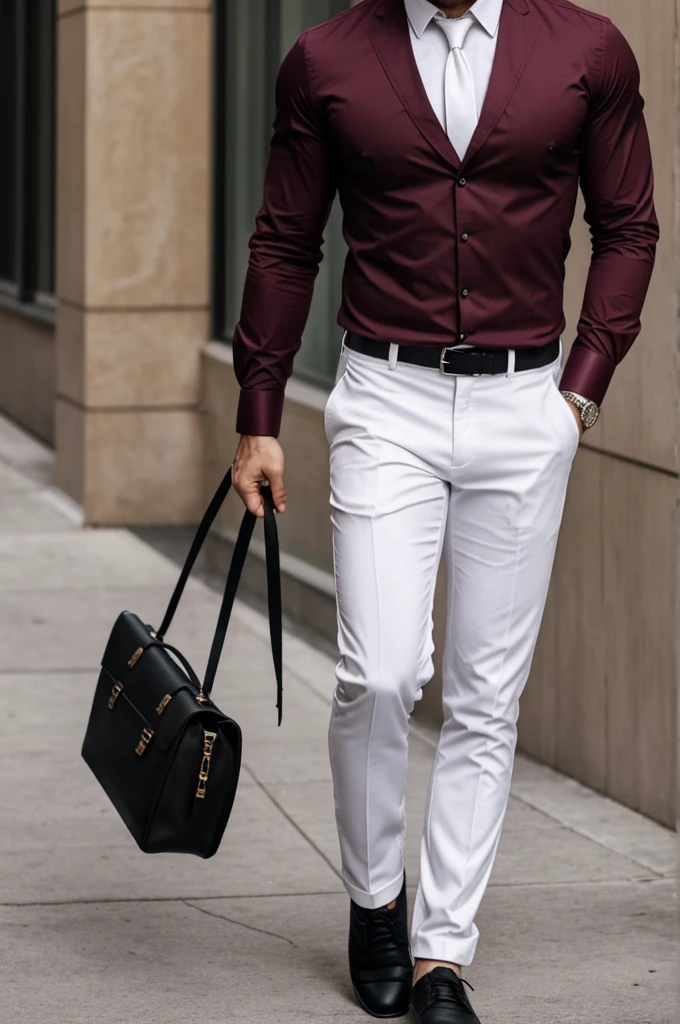 Bearded man, Wear a burgundy shirt with a white tie and white pants and black shoes.