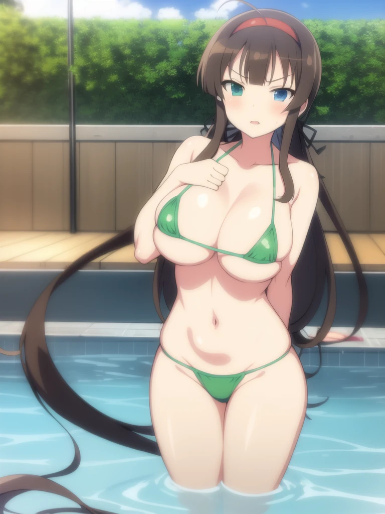 ryoubi \(senran kagura\), large chest, green micro bikini, pool, bule sky, Embarrassing,