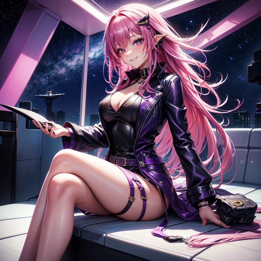 A young sexy woman with long purple hair and sexy clothes sits in a 立ち姿,spaceship seat、A beautiful starry sky can be seen from the window.。smile,leather jacket,Future Fashion,Angel Girl,Pink Hair,Horny girl,High-dimensional beautiful girl,Multidimensional beautiful girl,colorful hair colors