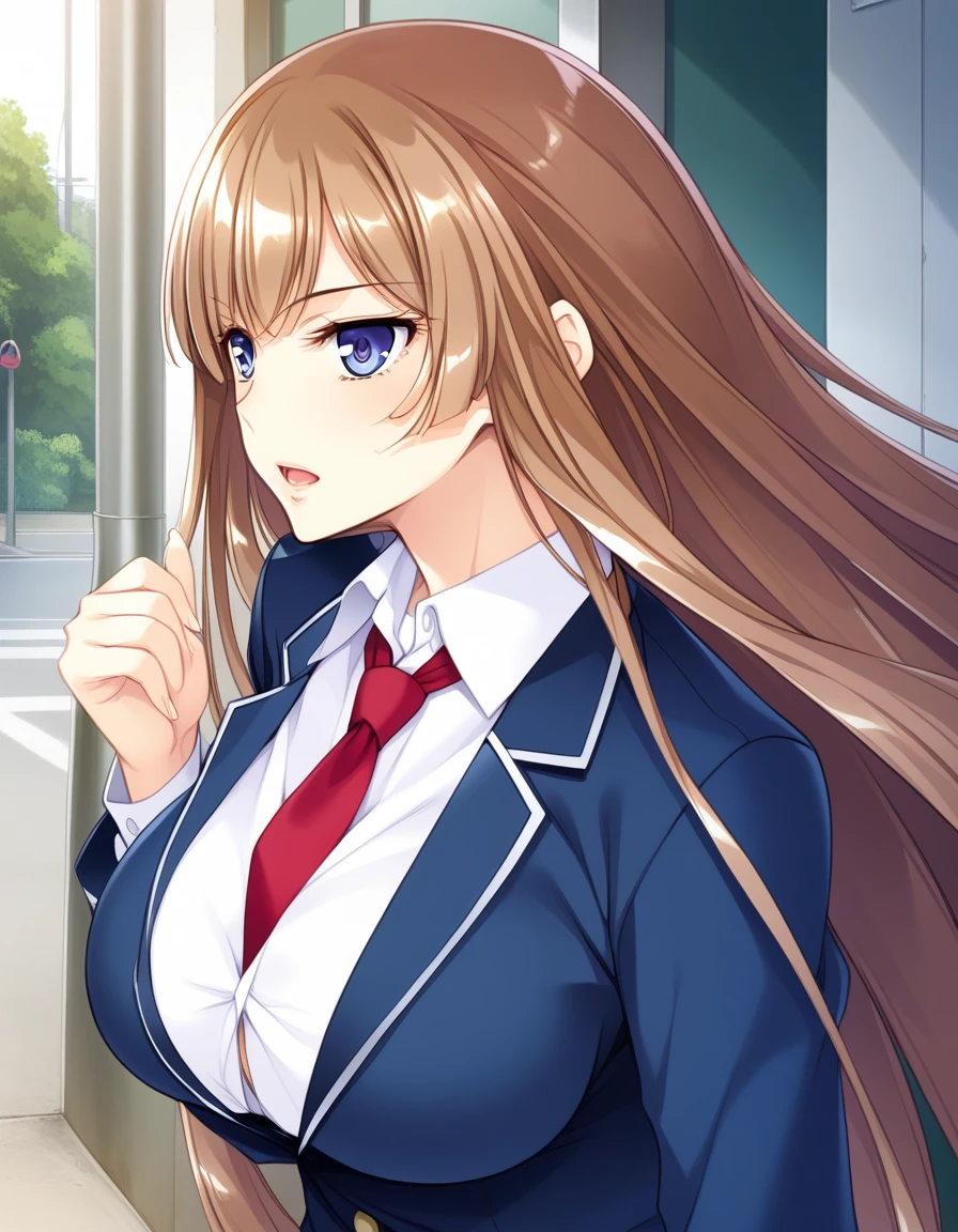 score_9, score_8_up, score_7_up, source_anime, game cg, beautiful detailed eyes, aoi_nagisa_\(metalder\), BREAK solo, 1girl, koukawa asuka, brown hair, long hair, blue eyes, bangs, side bangs, (huge breasts:0.8), medium body, BREAK school_uniform, blue jacket, (white collared blouse breasts:1.1), tight clothes, red long necktie, BREAK expressionless, open mouth, model pose, outside, street, upper body,