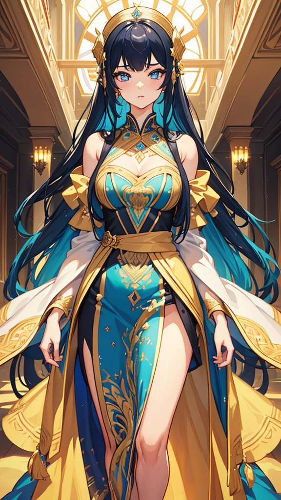 a highly detailed 3d render of a vtuber model, a girl standing straight facing a mirror, beautiful detailed eyes, beautiful detailed lips, extremely detailed face and hair, long eyelashes, delicate facial features, looking directly at the camera, smooth skin, wearing a colorful intricate costume with detailed textures, complex accessories, dynamic lighting, vibrant colors, cinematic composition, (best quality,4k,8k,highres,masterpiece:1.2),ultra-detailed,HDR, vtuber model