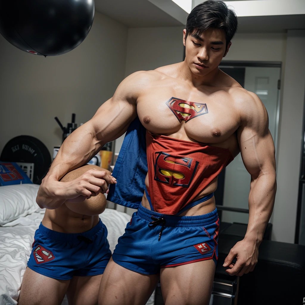 8K korean mALE 25 year old bodybuilder with a superman tattoo IN 5 inch shorts