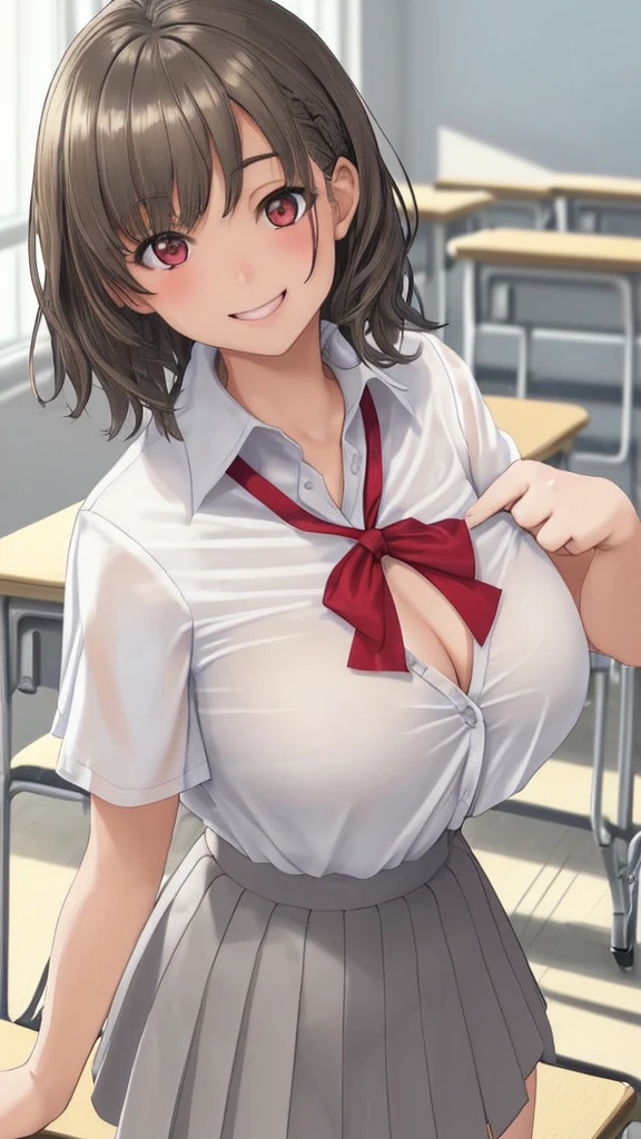One female ,Short-sleeved white sheer school uniform,Gray skirt,light brown short hair,Big boobs,Face red,Smile,Sunlight,Inside the classroom,Chest button fight,Expose,Mature