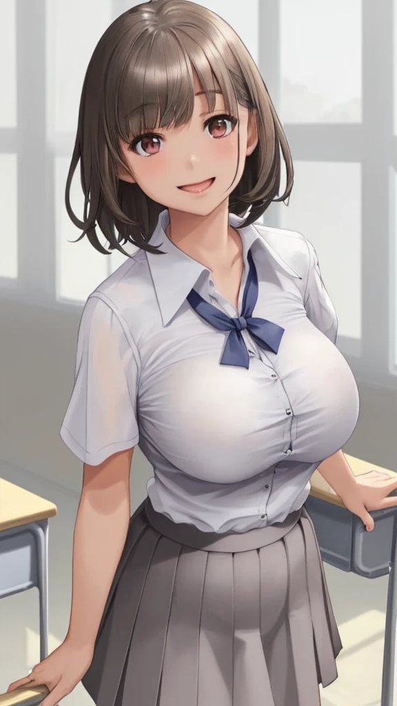 One female middle school student，Short-sleeved white sheer school uniform，Gray skirt，light brown short hair，Big boobs，Face red，Smile，Sunlight，Inside the classroom，Chest button fight，Expose，Mature