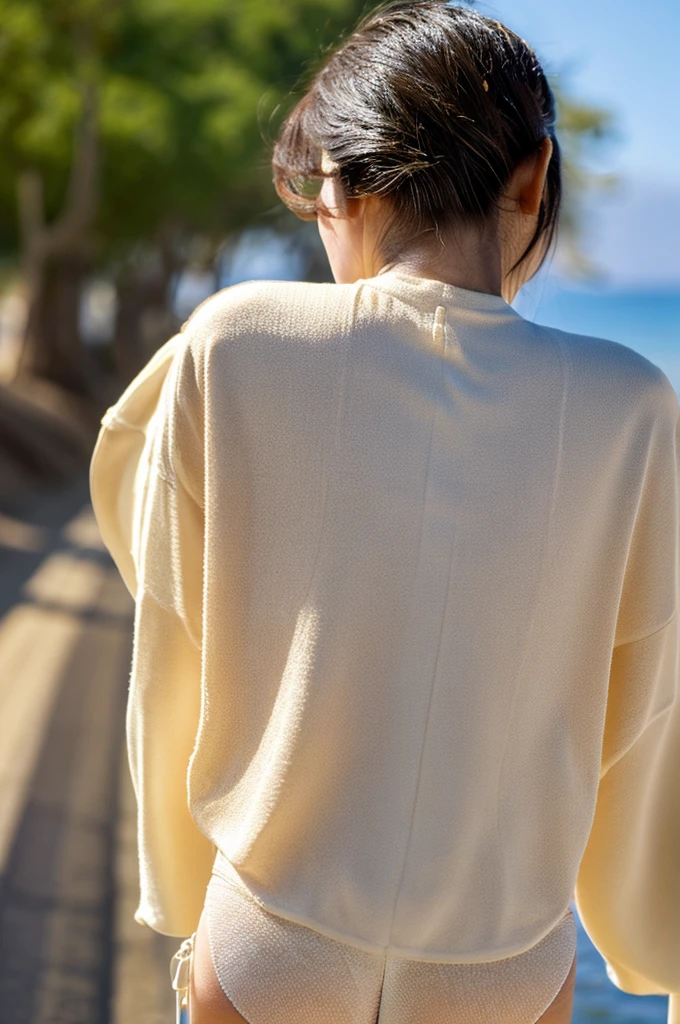 full body shoes 620920,(from behind:2),(Gazing-into-the-Distance:1.3), (wearing , micro bikini:1.3), on beach,Sunlight,Top quality, 1 beautiful Japanese woman, ,high school student,(18 years old),medium hair, (brown hair:1.2), Ultra-realistic capture, Highly detailed, High resolution 16k close-up of human skin. Skin texture must be natural, With such detail that pores can be finely identified. Skin should look healthy, In a uniform tone. Use natural light and color,