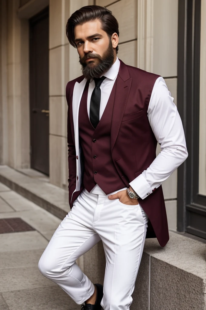 Bearded man, Wear a burgundy shirt with a white tie and white pants and black shoes.