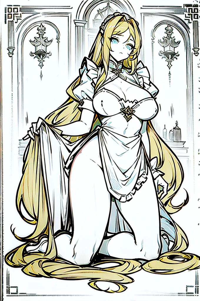 a home maid with large breasts and sexy big ass and long blonde hair kneeling on her knees and sucking her master's dick
