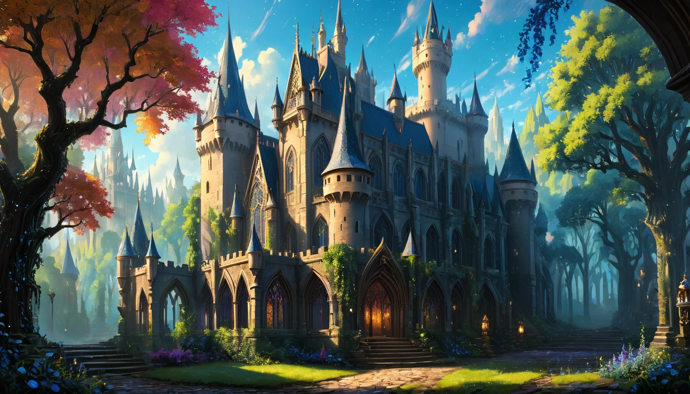 best quality,4k,8k, highres, masterpiece:1.2), ultra-detailed, (large masterpiece digital art), (detailed manga illustration), (detailed line art), (intricate details:1.3), (ultra-detailed:1.3), (illustration:1.3), (sharp focus:1.3), (natural lighting:1.05), (vivid colors:1.3), (masterpiece), best quality, Picture a gothic masterpiece crafted from living crystal, adorned with intricate, glowing runes that shimmer with Eldertide energy. The castle stands tall against a backdrop of an extensive, mystical forest, where crystal spires reach towards the iridescent sky. The sky itself dances with a myriad of colors, creating an otherworldly atmosphere. Chibi minions stand guard or engage in various tasks around the castle, adding a touch of whimsy to the enchanting scene. The image should capture the magical essence of Penny's realm and showcase the harmonious blend of gothic architecture and fantastical elements., Atey Ghailan, Jeremy Mann, Greg Manchess, Antonio Moro, trend in ArtStation, trend in CGSociety, Intricate, High Detail, Sharp focus, dramatic and photorealistic painting art by Midjourney and Greg Rutkowski,