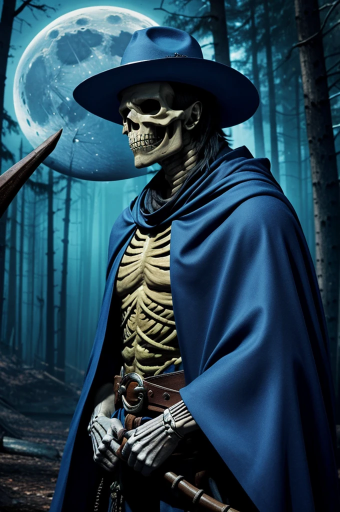 A big and buff skeleton,with a blue cloak,dragon skull on his left shoulder,his left eye have a scar,with a blue moon forest background,he also has a blue fedora with a feather