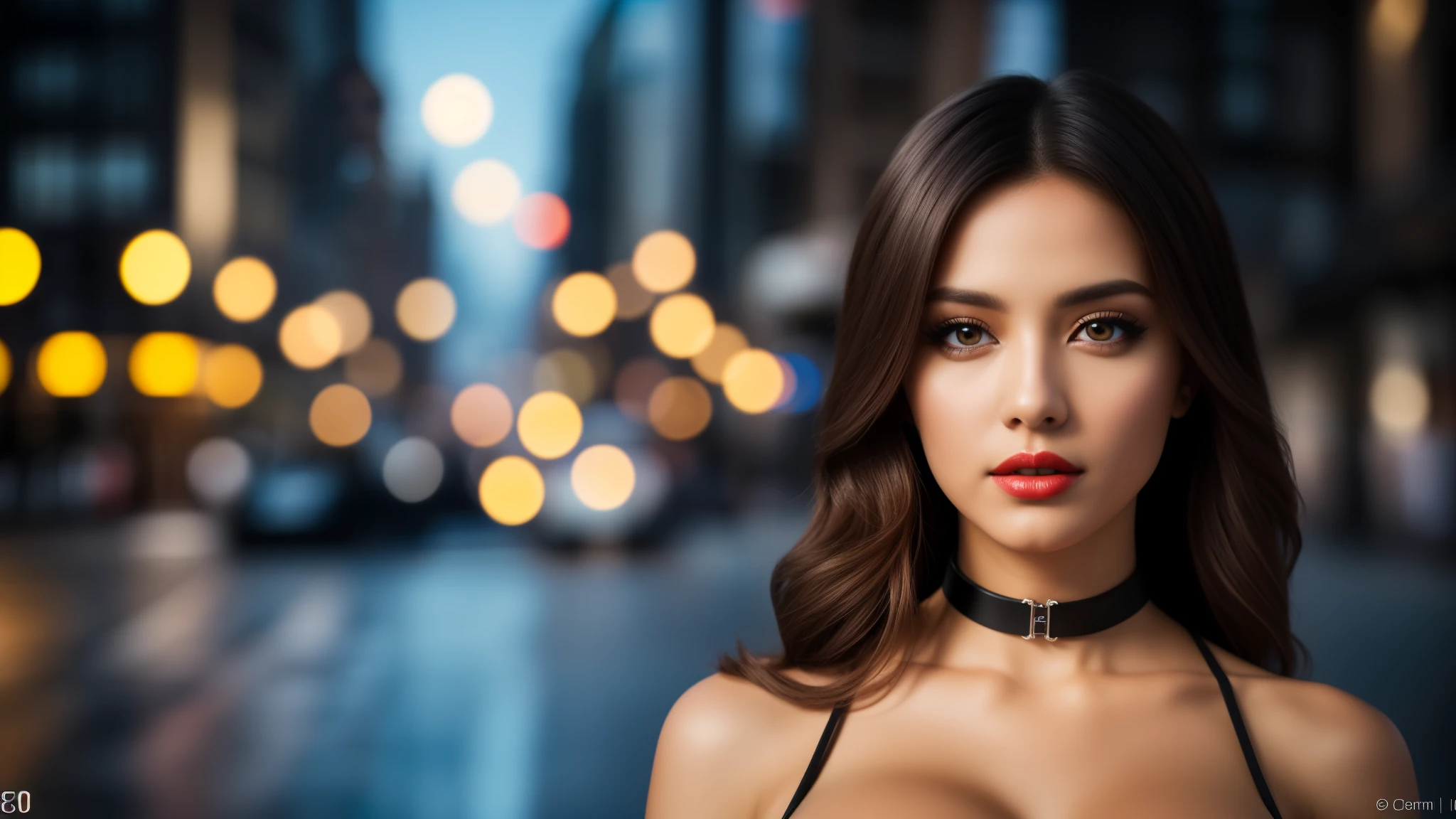 tmasterpiece,best qualtiy,hdr, hyper HD, 8K,Bokeh,Ultra-fine painting,Sharp focus,Physically-based rendering,Extreme detail description, half-body photo,looking at viewer, choker, dark eyeshadow:1.5, (red lipstick:0.85), (big breasts:1.4), (EOS R8, 50 millimeters, F1.2, 8K, RAW photo:1.2)