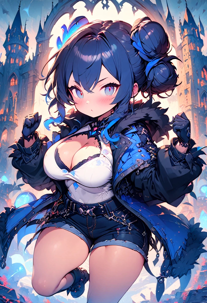 best quality,4k,8k,highres,masterpiece:1.2),ultra-detailed, extremely detailed eyes, extremely detailed body, (large masterpiece digital art), (detailed manga illustration), (detailed line art), ((perfect anatomy)), (intricate details:1.3), (ultra-detailed:1.3), (illustration:1.3), (sharp focus:1.3), (natural lighting:1.05), (vivid colors:1.3), (masterpiece), best quality, expressive eyes, perfect face, 1 girl, , cleavags, large breasts, casuals, white shirt, tee shirt, denim jacket, jacket, {blue hair}, medium hair, wavy hair, (gray eyes), hourglass physique, casual outfit, black denim shorts, shorts, dynamic pose, Huge ass, dynamic lighting,autiful Latin woman, curvy, fur trim, hair bun, black ankle boots, cinematic lighting, heroic atmosphere, Beautiful woman, Atey Ghailan, Jeremy Mann, Greg Manchess, Antonio Moro, trend in ArtStation, trend in CGSociety, Intricate, High Detail, Sharp focus, dramatic and photorealistic painting art by Midjourney and Greg Rutkowski, Marvel Cinematic Universe style, (((mystical gothic castle in the background))),