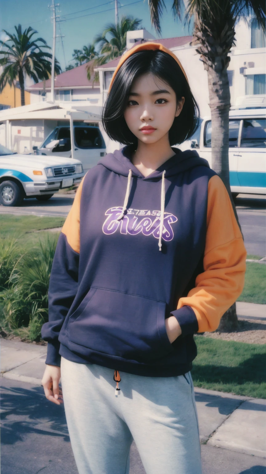 8K, 1girl, UHD,beautiful, black bob hairstlye, ((orange oversize hoodie)), oversize_shirt, sweatpants, Evening light,,Taking a walk,purple slacks, look at viewer, (((80's architecture colorful motel))) ,perfect beautiful face,perfect nose,perfect eyes, perfect lips kodak gold 200 fisheye-8mmlens-v2exp ,25 yo cute korean, ((busty perfect body)) perfect face, 35mm film,palm trees, blue sky, sunny summer, los angles vibes (photorealistic:1.2), (ultra realistic:1.3), (very detailed:1.1), ((masterpiece))