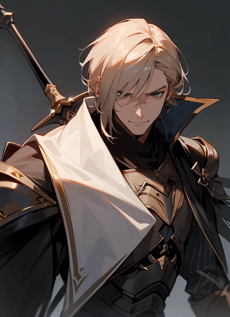 1 , handsome fashion hair,bronze hair highlightwhite, fanstasy, smile face, male ,fantasy, reaper, hunter with blackshortsword, villian face, black armor , darkness wolrd, bad