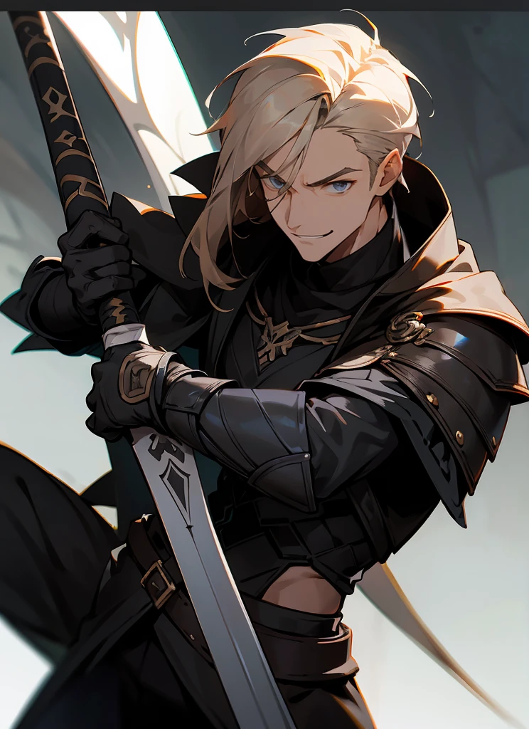 1 , handsome fashion hair,bronze hair highlightwhite, fanstasy, smile face, male ,fantasy, reaper, hunter with blackshortsword, villian face, black armor , darkness wolrd, bad