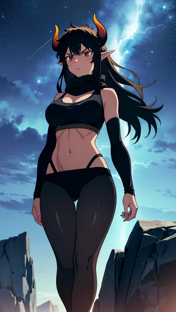 ((1girl,solo,mature female,tall)),big breasts,long hair, black hair,angry expression,horns,elf ears,black scarf,cleavage,()dark skin)),((black sports bra, midriff)),(((pantyhoses))),(walking,night sky,night,thunder,lightnings,thunder clouds,montain),from below,