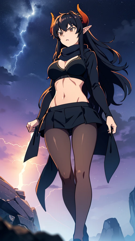 ((1girl,solo,mature female,tall)),big breasts,long hair, black hair,angry expression,horns,elf ears,black scarf,cleavage,(dark skin),((black sports bra, midriff)),(((pantyhoses))),(walking,night sky,night,thunder,lightnings,thunder clouds,montain),from below,