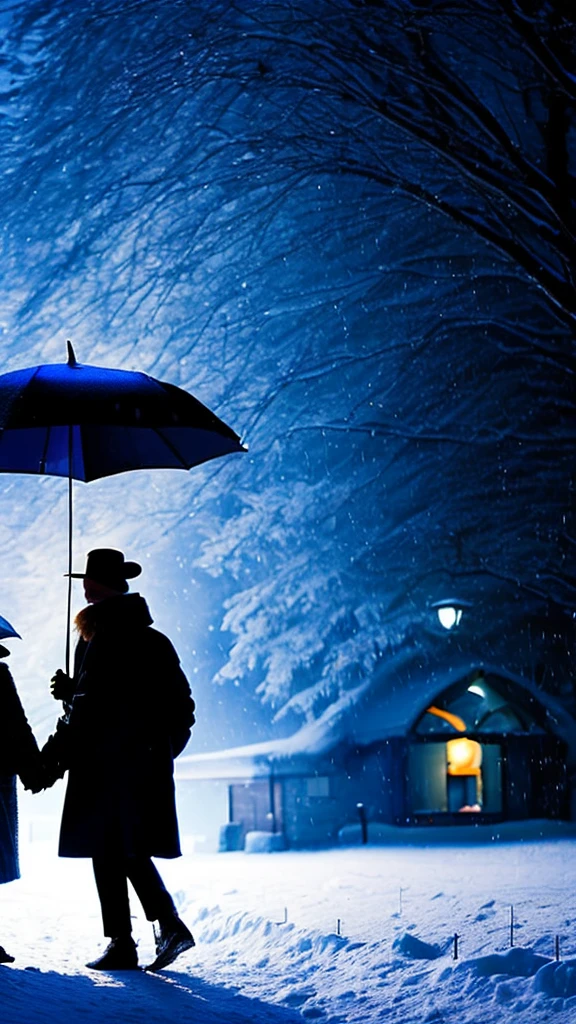 1 elderly couple, walking under an umbrella in the snowy night, homeward bound, warm lighting, cozy atmosphere, winter, snow, cold, peaceful, nostalgic, (best quality,4k,8k,highres,masterpiece:1.2),ultra-detailed,(realistic,photorealistic,photo-realistic:1.37),detailed lighting,chiaroscuro,cinematic,dramatic,muted colors,soft focus