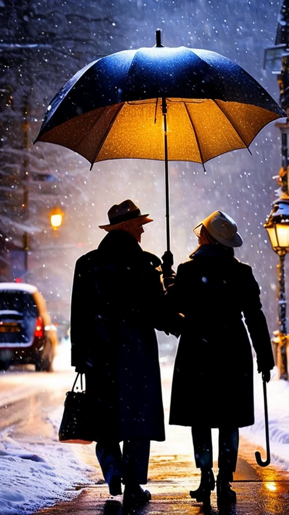 1 elderly couple, walking under an umbrella in the snowy night, homeward bound, warm lighting, cozy atmosphere, winter, snow, cold, peaceful, nostalgic, (best quality,4k,8k,highres,masterpiece:1.2),ultra-detailed,(realistic,photorealistic,photo-realistic:1.37),detailed lighting,chiaroscuro,cinematic,dramatic,muted colors,soft focus