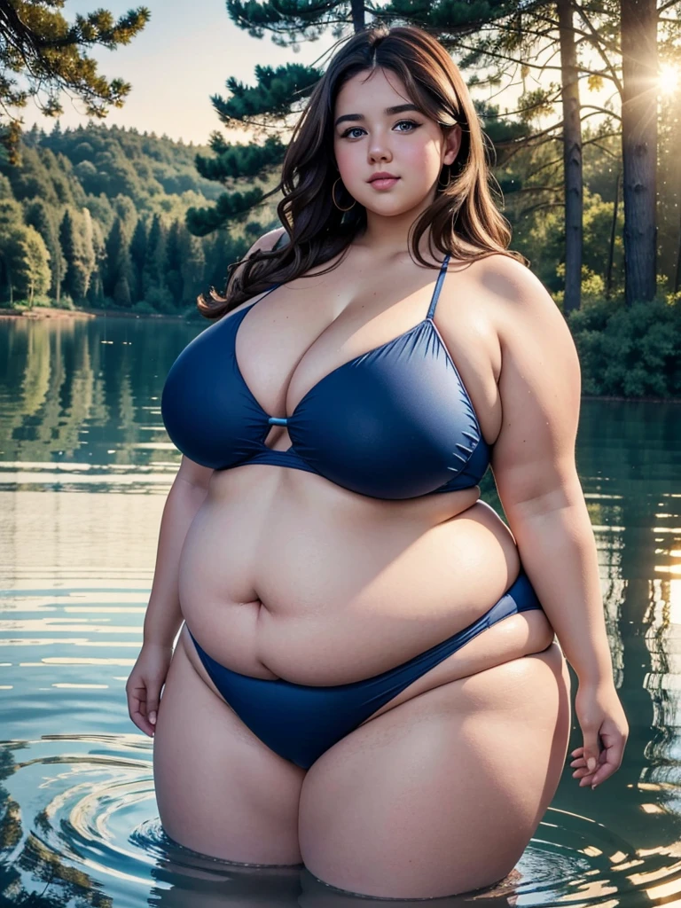 Close happy shot of a very beautiful very obese young ussbbw with short wavy brown hair, blue eyes, huge obese soft fat belly, obese very wide hips, very thicc legs and thicc arms, in a bikini standing in a beautiful lake with trees in the background in sunset