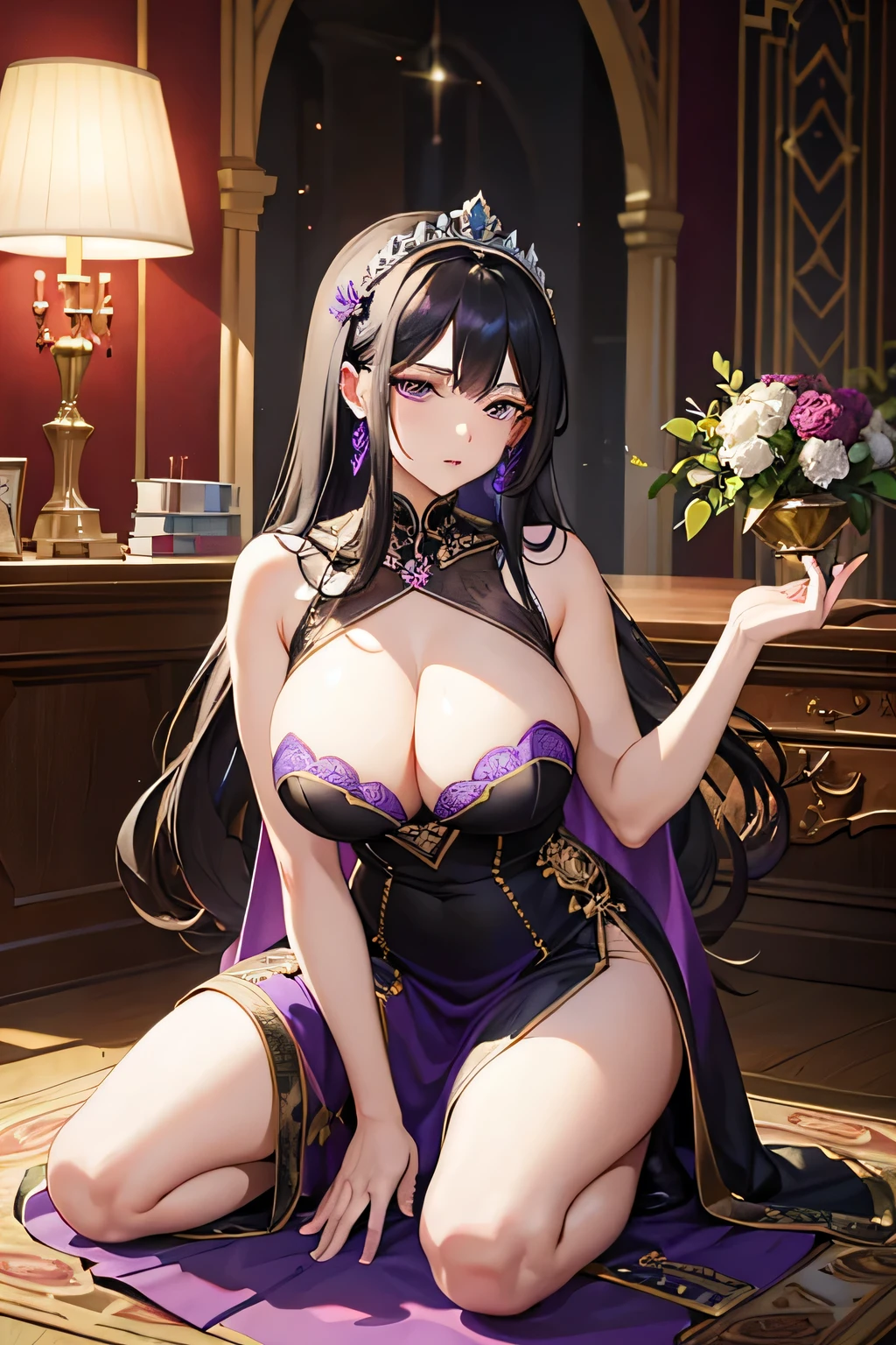 Gorgeous palace interior background,A mature lady kneeling on the ground,Black hair,Painful expression,A huge and gorgeous purple palace dress,Very plump body