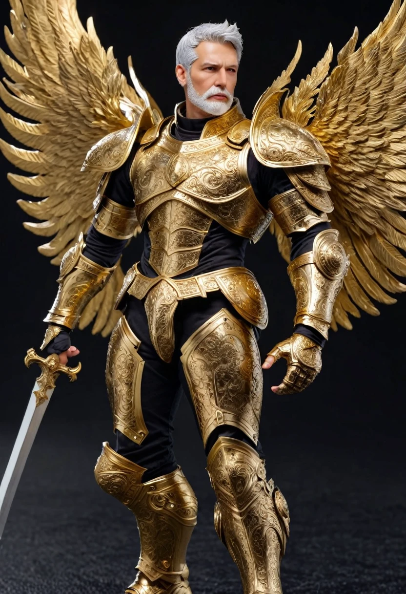 8k、最高masterpiece、Perfect Body、Perfect Face、Wild Men、Golden short-haired、20Old Man、Has a thin beard、Hero of Another World, Luxurious metal armor with intricate gold engravings on a black background, (Highest quality, masterpiece, Representative works, Official Art, Professional, Super intricate details, 8K)