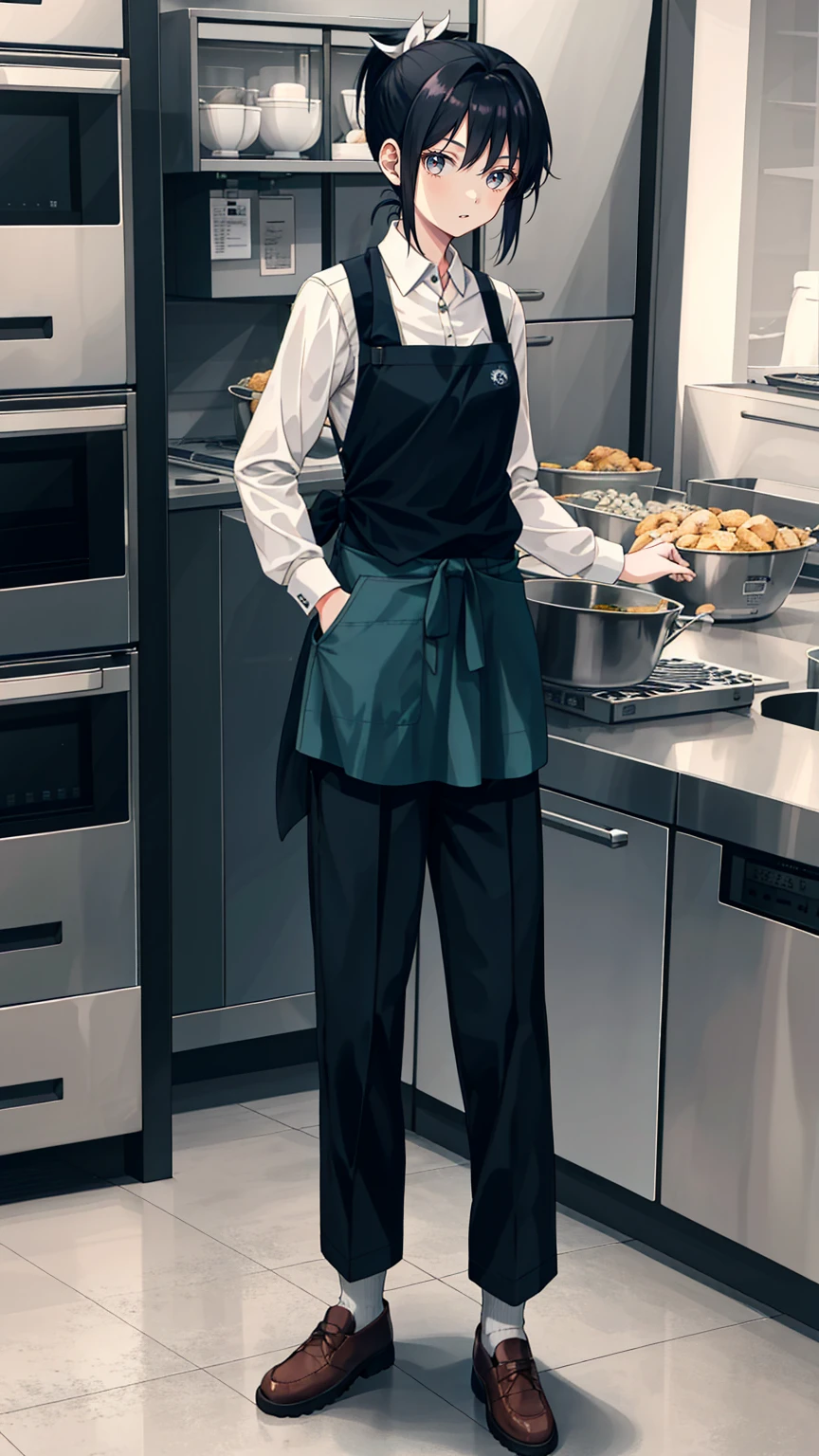 1 girl, 20 years old, full body, waistcoat, ponytail, black hair, standing, apron, long sleeve, chino pants,