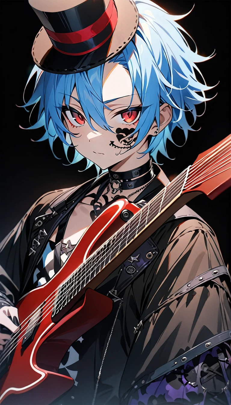 (((masterpiece,Highest quality))),((A male anime character with long blue hair and red eyes wearing a visual kei outfit and holding a guitar)),((Steampunk-style electric guitar)),((Steampunk-style electric guitarを持って立っている)),(((Small top hat,Tattoo on the right side of the face))),(((Black Background))),Focus on the whole body,(high quality),アニメ