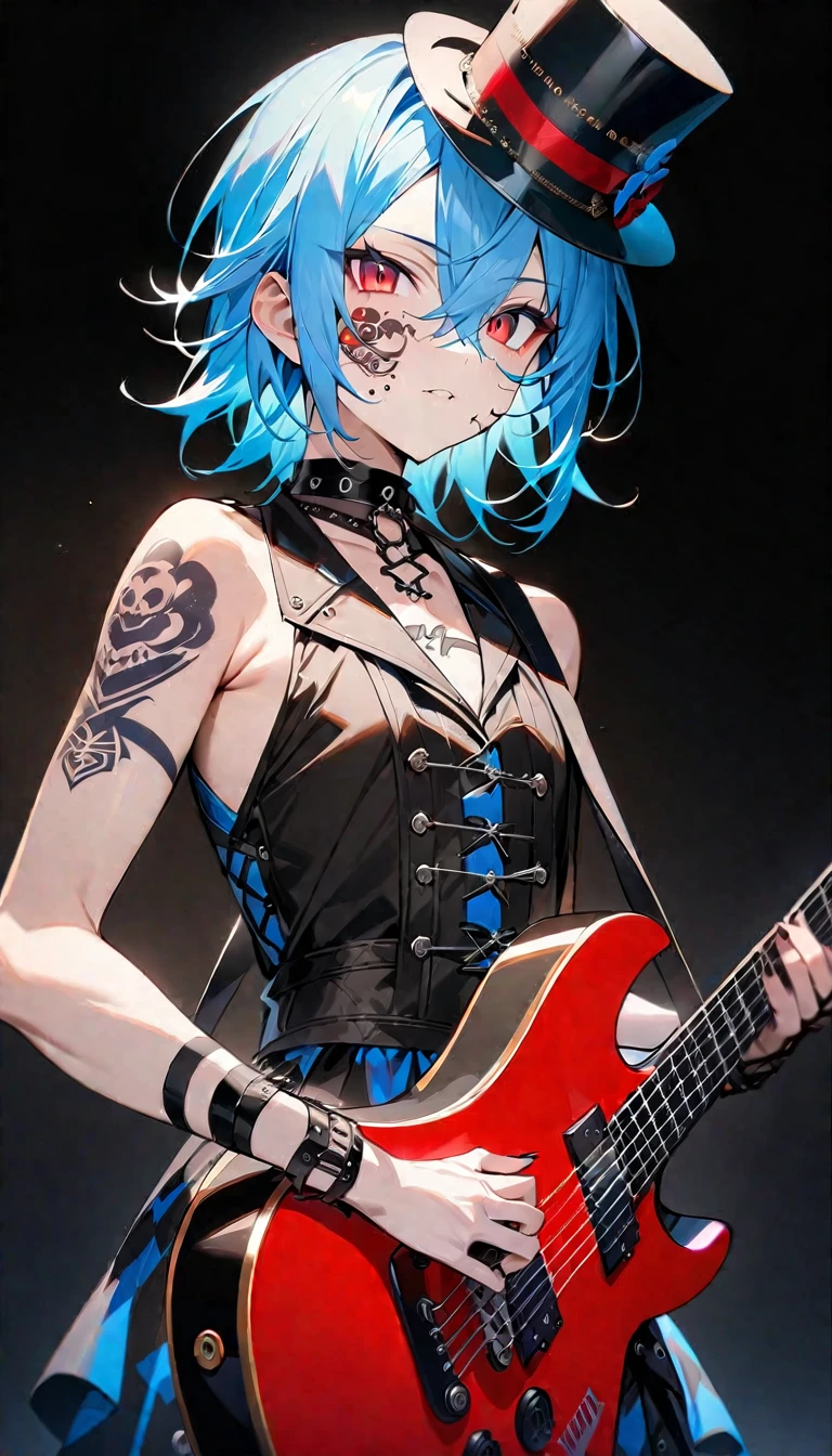(((masterpiece,Highest quality))),((A male anime character with long blue hair and red eyes wearing a visual kei outfit and holding a guitar)),((Steampunk-style electric guitar)),((Steampunk-style electric guitarを持って立っている)),(((Small top hat,Tattoo on the right side of the face))),(((Black Background))),Focus on the whole body,(high quality),アニメ
