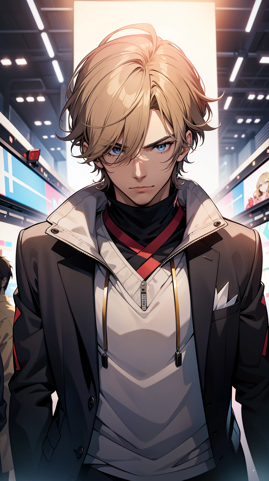 An organizer，television， He was nearby, Anime handsome man,  Looking at the audience, high resolution, Super sharp, 8K, masterpiece