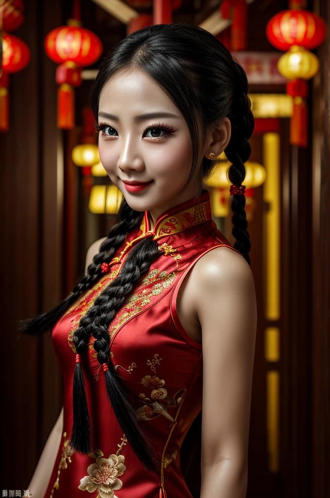 The eyes are very delicate，Silicon doll, a beautiful girl with double braids wearing a sexy cheongsam，Chinese New Year Decoration（（Grinning））（（（work of art）））， （（best qualityer））， （（details Intricate））， （（surreal））（8K）