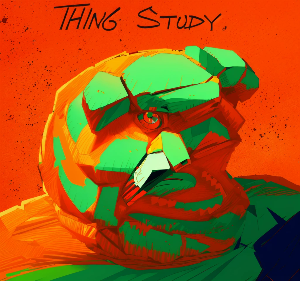 the Thing, he is made of orange rock. blue pupils in white eyes. white teeth. red gum and tongue. olive green background