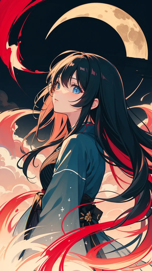 Masterpiece, best quality, night, hills, clouds, full moon, blue eyes,short hair, woman, silhouette, firefly. japanese style, simple, quadratic