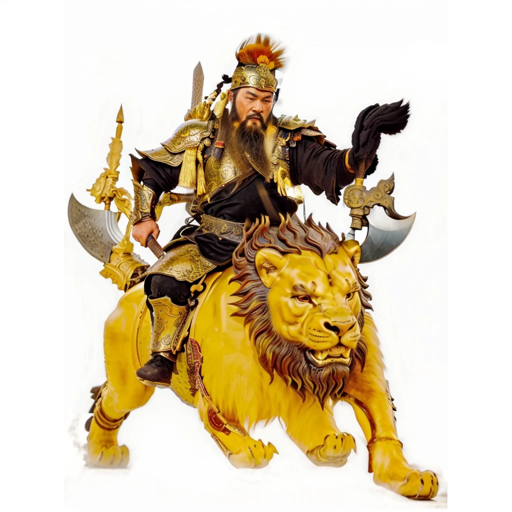 a wild beard ancient chinese warrior with armour, 2 axes, riding on a lion looked monster, black robe,Gourd on the back，tusk on the lion, 

