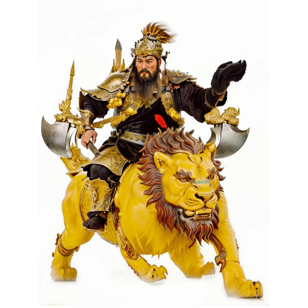 a wild beard ancient chinese warrior with armour, 2 axes, riding on a lion looked monster, black robe,Gourd on the back,tusk on the lion,