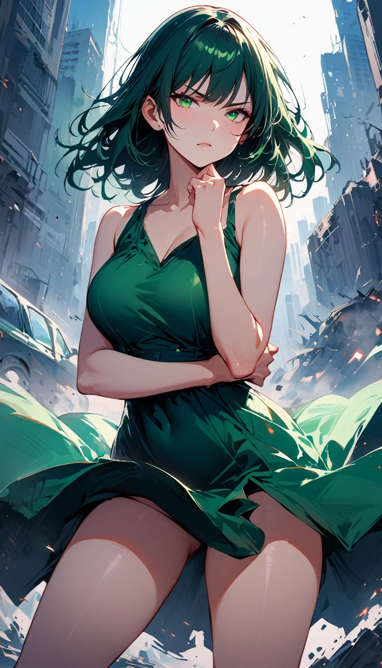 (high quality, 8k, 4K, high contrast, artwork:1.2, high quality, best aesthetics), (dynamic angle), ((1 woman)), (erotic and sensual), (mature and sexy body), (perfect detailed face, eyes and mouths), (perfect detailed hands), (short wavy dark green hair), (dark green eyes), (serious facial expression), (long green dress with exposed thighs), (standing in an upright and centered posture), (battle stance), (city in destruction in the background), (looking at the viewer).