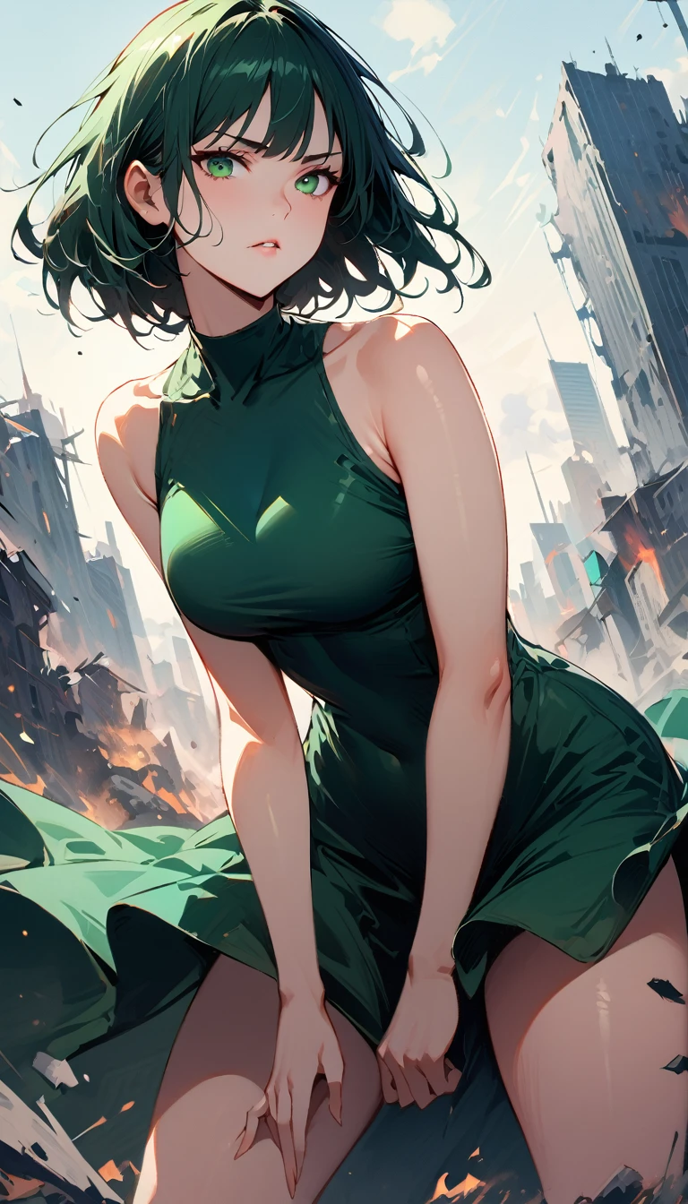 (high quality, 8k, 4K, high contrast, artwork:1.2, high quality, best aesthetics), (dynamic angle), ((1 woman)), (erotic and sensual), (mature and sexy body), (perfect detailed face, eyes and mouths), (perfect detailed hands), (short wavy dark green hair), (dark green eyes), (serious facial expression), (long green dress with exposed thighs), (standing in an upright and centered posture), (battle stance), (city in destruction in the background), (looking at the viewer).